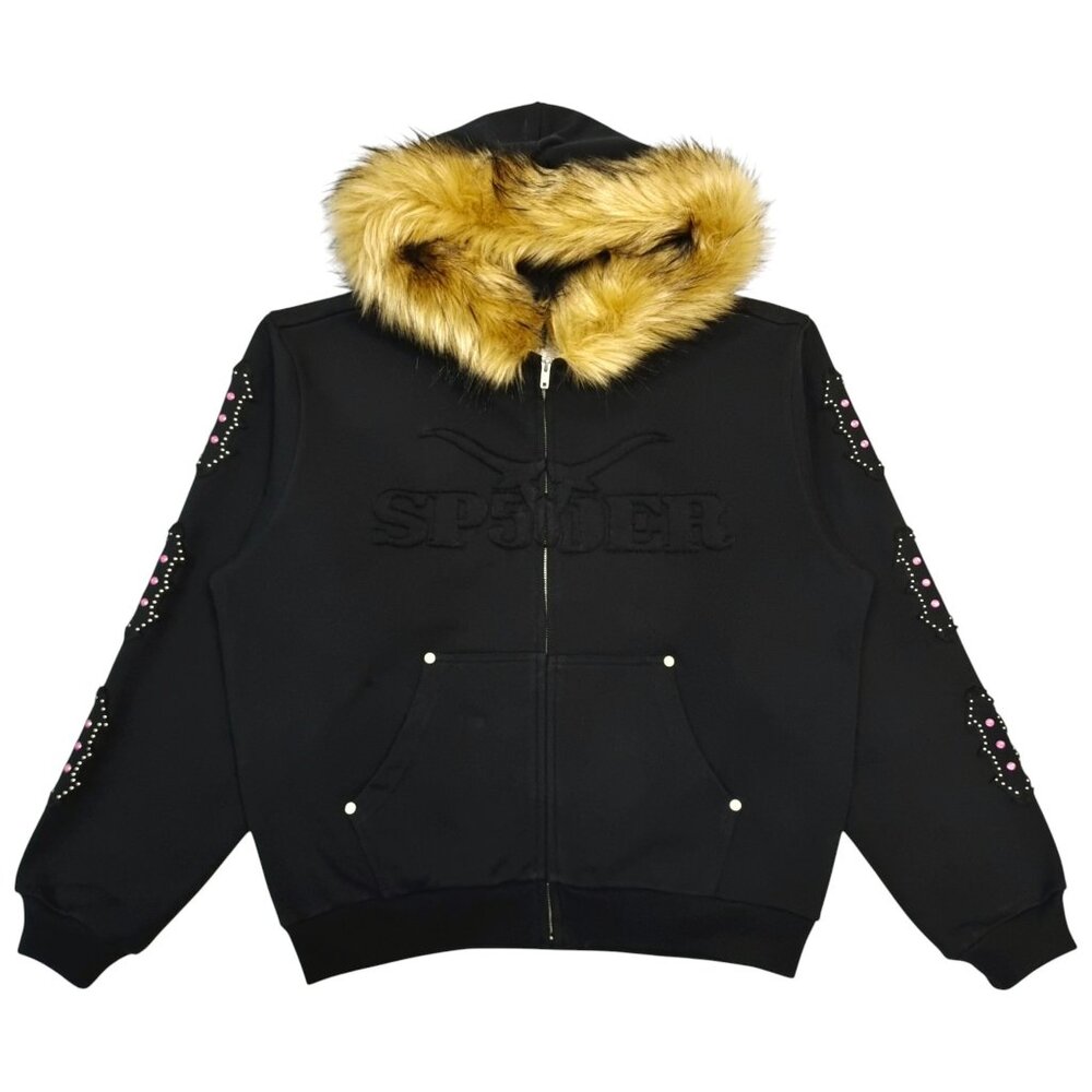 Sp5der Garibaldi Fur Hooded Full Zip Hoodie Black | Spider Worldwide